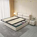 Modern Double Bed with Leather Headboard Slatted Frame Storage Space and Nightstand Table Lamp