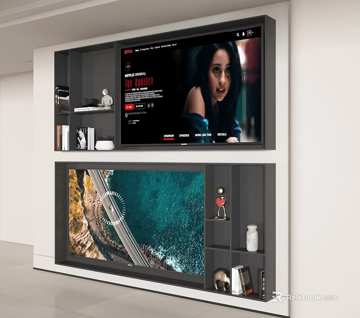 Modern Entertainment Center Design With TV Storage Shelves And Decorative Accents 3d model 