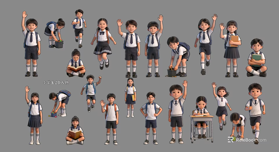Multiple Children in School Uniforms with Various Poses and Actions 3d model 