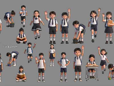 Multiple Children in School Uniforms with Various Poses and Actions 3d model