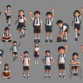 Multiple Children in School Uniforms with Various Poses and Actions