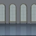 Arched White Pane Casement Doors On Gray Wall With Sills And Reflective Floor