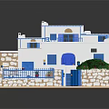 Mediterranean Style Detached Villa With White Walls Blue Accents Stone Courtyard Stairs And Greenery