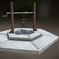 Traditional Garden Ornament With Hexagonal Stone Base Small Water Basin Wooden Lever And Bucket