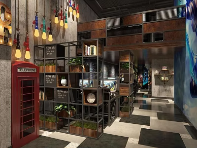 Industrial Elevator Corridor With Colorful Pendant Lights Metal Shelves Red Telephone Booth And Mural 3d model