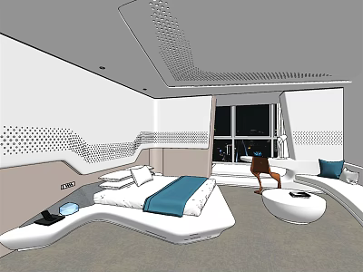 Modern Hotel Room Interior With Curved Bed Sofa Perforated Wall Decor And Night View Window 3d model