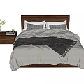 Wooden Frame Double Bed With Neutral Toned Bedding Plush Pillows And Side Table 3d model