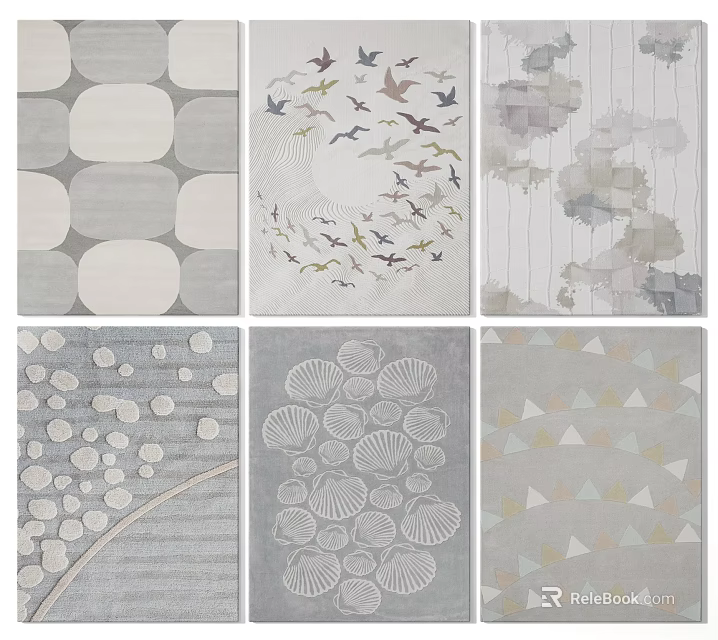 Square Rugs With Various Patterns Including Birds Shells And Geometric Designs In Neutral Tones 3d model