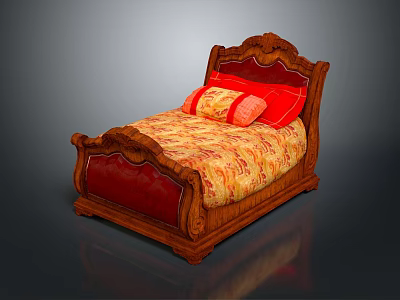 Classic Wooden Bed Frame With Red Upholstered Headboard And Floral Bedding 3d model