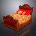 Classic Wooden Bed Frame With Red Upholstered Headboard And Floral Bedding