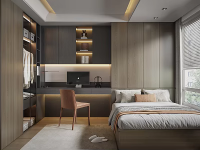 Modern Tatami Bedroom Interior Design With Tatami Bed Desk Chair And Storage Cabinets 3d model