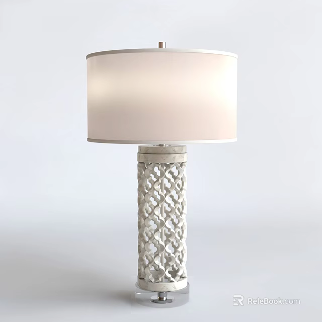 White Ceramic Table Lamp With Intricate Lattice Base And Drum Shade 3d model