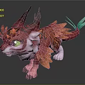 Colorful Mythical Creature Character Featuring Vibrant Red Orange Feathers Green Eyes Horned Head Turquoise Tail
