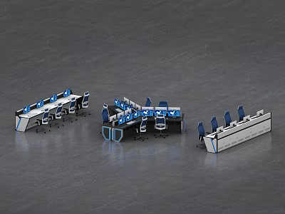 Modern Monitoring Room Setup With Multiple Control Desks And Blue Chairs 3d model