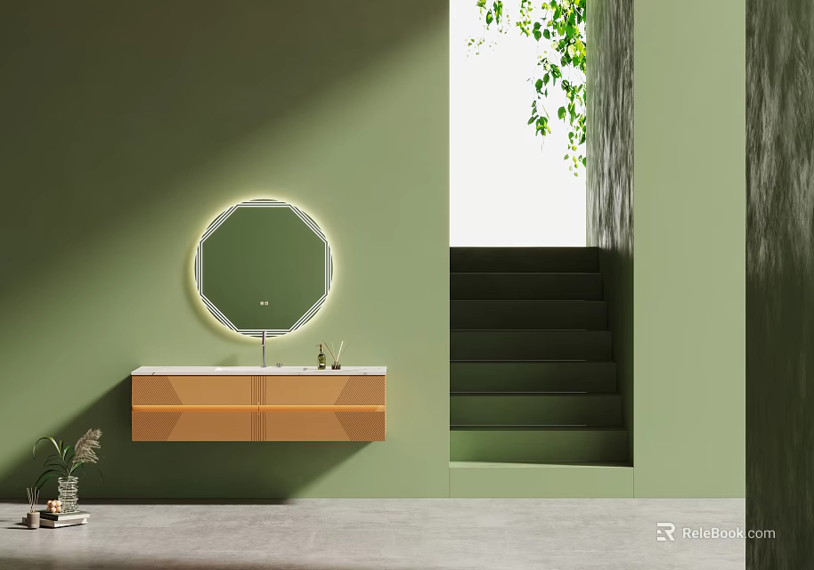Bright Modern Bathroom Vanity With Round Backlit Mirror And Green Wall 3d model 