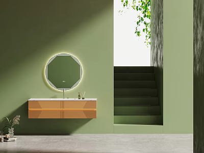 Bright Modern Bathroom Vanity With Round Backlit Mirror And Green Wall 3d model