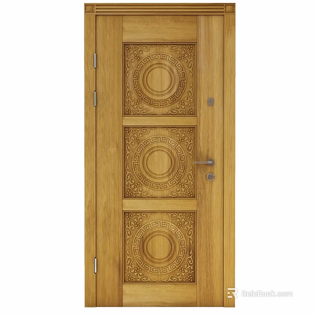 Wooden Hinged Door With Intricate Carved Circular Relief Patterns And Handle 3d model 