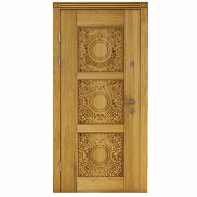 Wooden Hinged Door With Intricate Carved Circular Relief Patterns And Handle 3d model