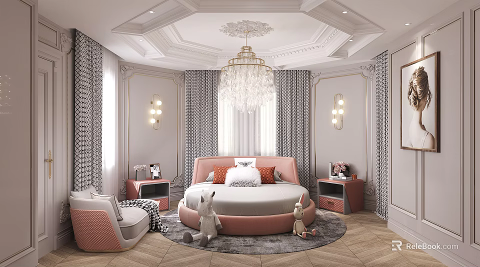 Elegant Kids Bedroom With Pink Bed Chandelier Stuffed Toys And Cozy Rug 3d model 
