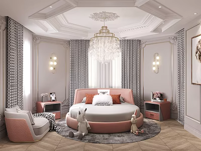 Elegant Kids Bedroom With Pink Bed Chandelier Stuffed Toys And Cozy Rug 3d model