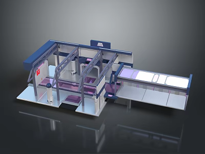 Modern 3D Interior Space Model With Reception Counter Workstations And Blue White Design Elements 3d model