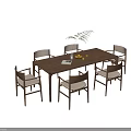 Modern Minimalist Wooden Dining Table Set with Upholstered Chairs Green Plant Fruit Platter Open Book