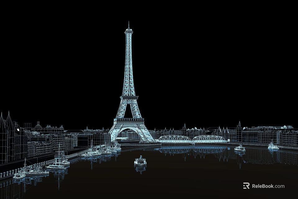 Eiffel Tower Night View With River Boats And City Skyline 3d model