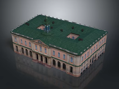 Classical Historic Building Exterior With Green Roof Arched Windows Multiple Floors And Symmetrical Design 3d model
