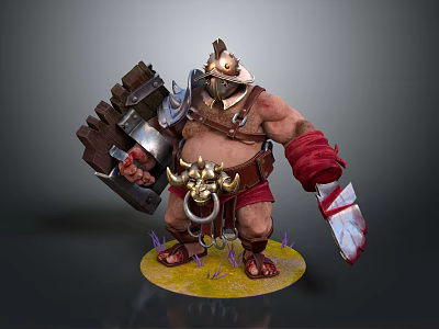 Massive Armored Game Movie Character With Giant Blade Red Wristbands Golden Ornaments Purple Elements 3d model