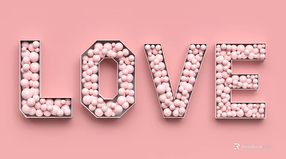 LOVE Letters Filled With Pink Balls On Pastel Pink Background Decor 3d model 