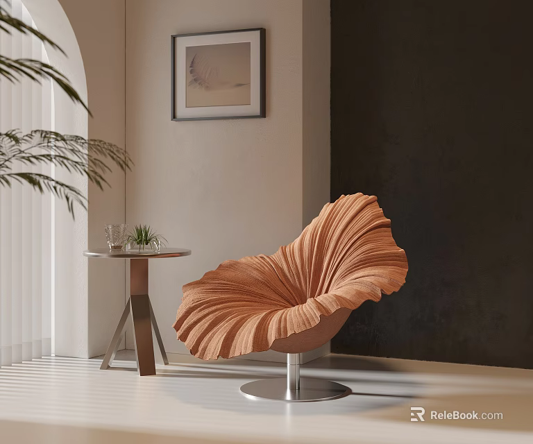 Orange Petal Shaped Lounge Chair with Metal Base Side Table and Plants Near Framed Art 3d model 
