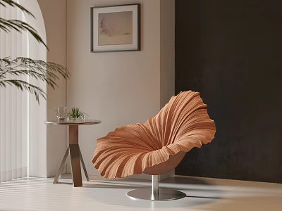 Orange Petal Shaped Lounge Chair with Metal Base Side Table and Plants Near Framed Art 3d model