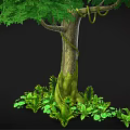 Cartoon Scene Featuring Lush Green Tree With Mossy Trunk And Small Plants