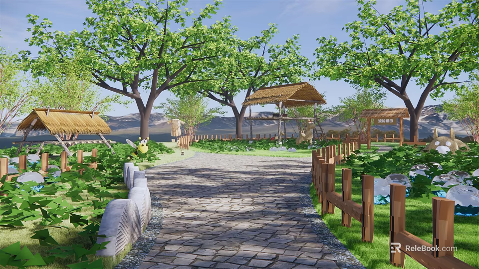 Rural Countryside Scenery With Stone Path Wooden Fences And Thatched Pavilions 3d model 
