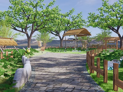 Rural Countryside Scenery With Stone Path Wooden Fences And Thatched Pavilions 3d model