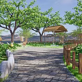 Rural Countryside Scenery With Stone Path Wooden Fences And Thatched Pavilions
