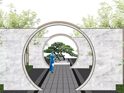 Traditional Chinese Garden Wall With Circular Archway Pine Tree Green Plants And Stone Pathway 3d model