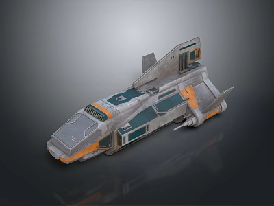 Futuristic Sci Fi Spaceship Model With Gray Orange Blue And Angular Wing Design 3d model