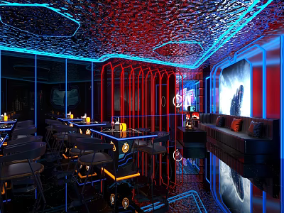 Modern Bar Interior with Red Blue Neon Lights Tables Candles Black Sofas and Floor Reflections 3d model