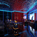 Modern Bar Interior with Red Blue Neon Lights Tables Candles Black Sofas and Floor Reflections