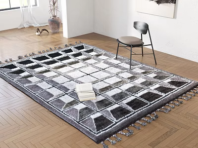 Square Area Rug With Geometric Pattern And Tassels In Room 3d model