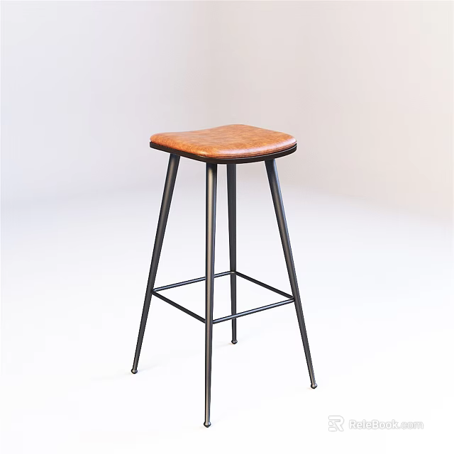 Modern Bar Stool With Brown Leather Seat And Black Metal Frame Design 3d model 