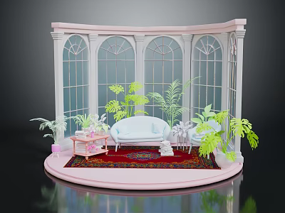 Indoor Scene With Pink Arched Windows Sofa Plants And Wooden Table 3d model