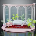 Indoor Scene With Pink Arched Windows Sofa Plants And Wooden Table 3d model