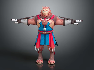 Lion Headed Humanoid Character 3D Model With Blue Red Outfit Armor And Arms Outstretched 3d model