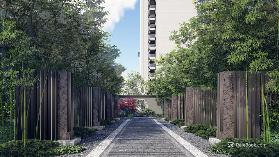 Elegant Landscaped Feature Wall Pathway With Tall Trees And Residential Building 3d model 