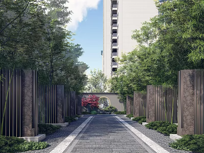 Elegant Landscaped Feature Wall Pathway With Tall Trees And Residential Building 3d model