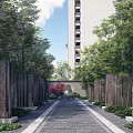 Elegant Landscaped Feature Wall Pathway With Tall Trees And Residential Building