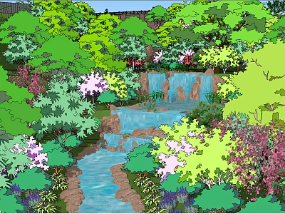 Lush Waterfront Landscape With Flowing River Waterfall And Colorful Flowers Trees 3d model