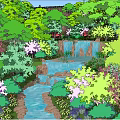 Lush Waterfront Landscape With Flowing River Waterfall And Colorful Flowers Trees
